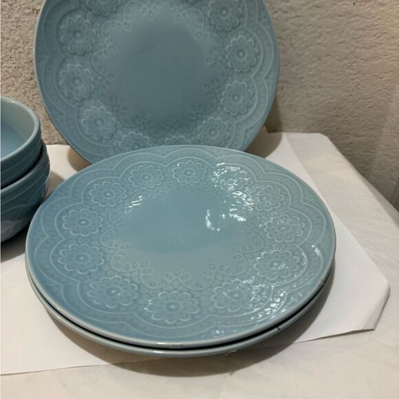 Gibson Elite Alemany 3 Piece Dinner Plate & 2,Salad bowls Dinnerware  Set, Aqua - Picture 3 of 9